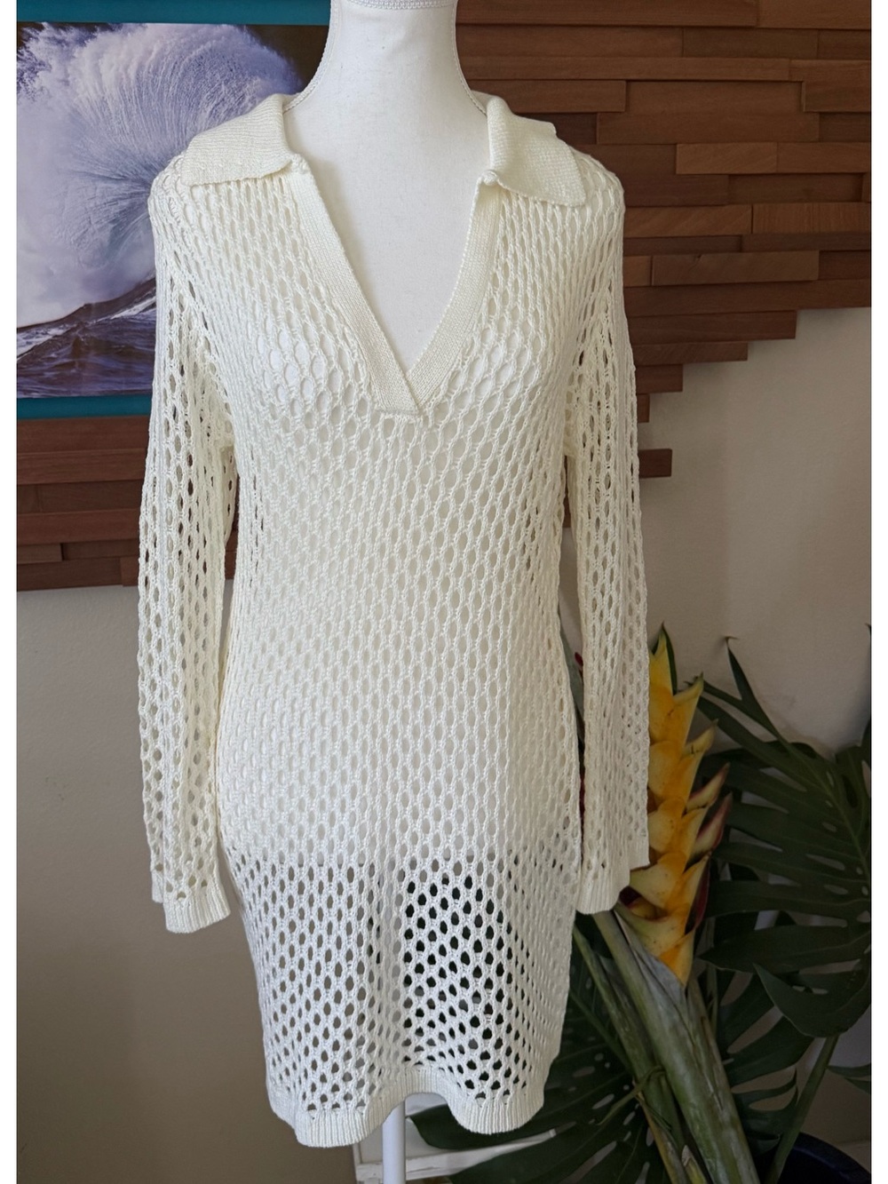 Women’s Cream Crochet Swim Coverup with V-Neck Collar